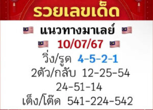 แนวทางหวยมาเลย์ 10/7/67 ชุดที่ 6