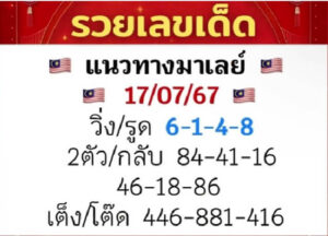 แนวทางหวยมาเลย์ 17/7/67 ชุดที่ 1