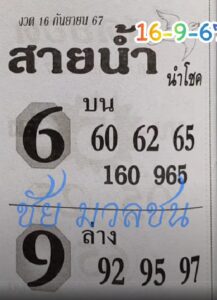 หวยสายน้ำ นำโชค 16/9/67