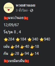 แนวทางหวยฮานอย 12/9/67 ชุดที่ 6