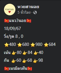 แนวทางหวยฮานอย 18/9/67 ชุดที่ 8